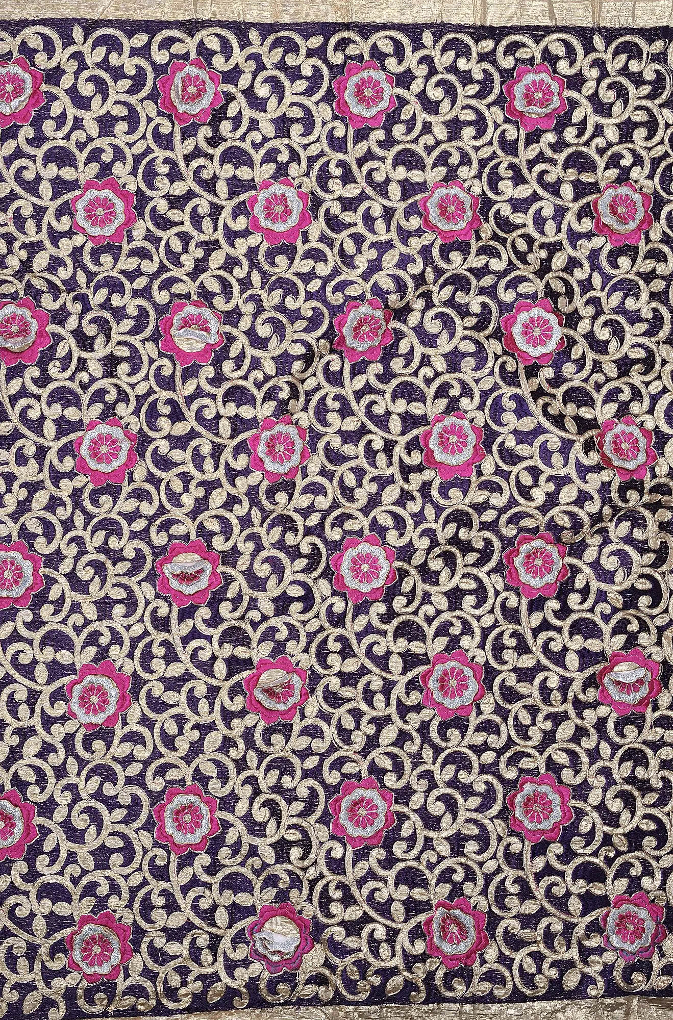 Tissue Fabric from Surat with Metallic Thread Embroidered Flowers and Golden Border