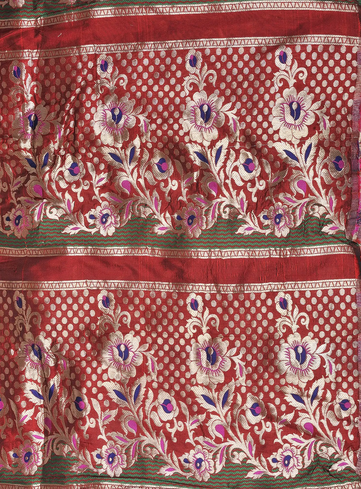 Scarlet-red Brocade Fabric from Banaras with Golden Zari Weave