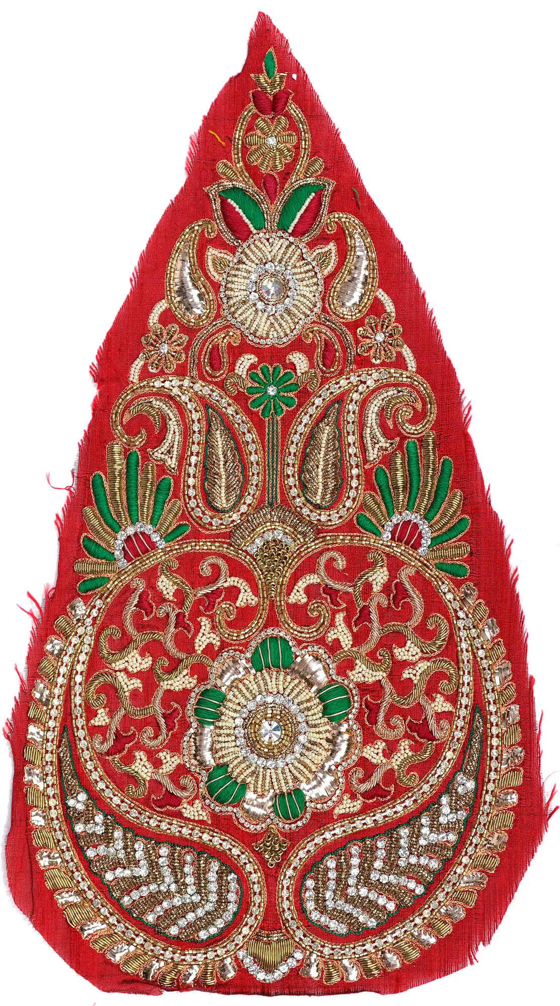 Pompeian-Red Long Embroidered Paisley Patch with Zardozi Embroidery