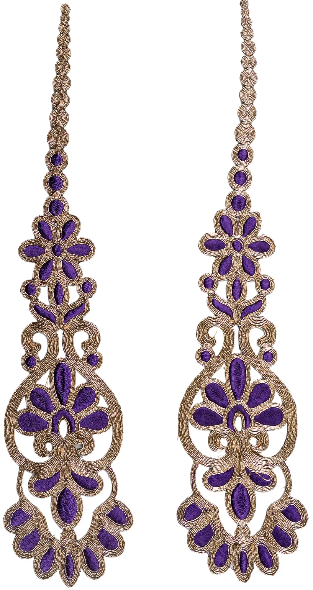 Dark-Purple Long Floral Patch with Metallic-Threadwork (Pair)