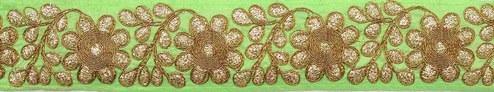 Jasmine-Green Fabric Border with Zardozi Embroidered Flowers