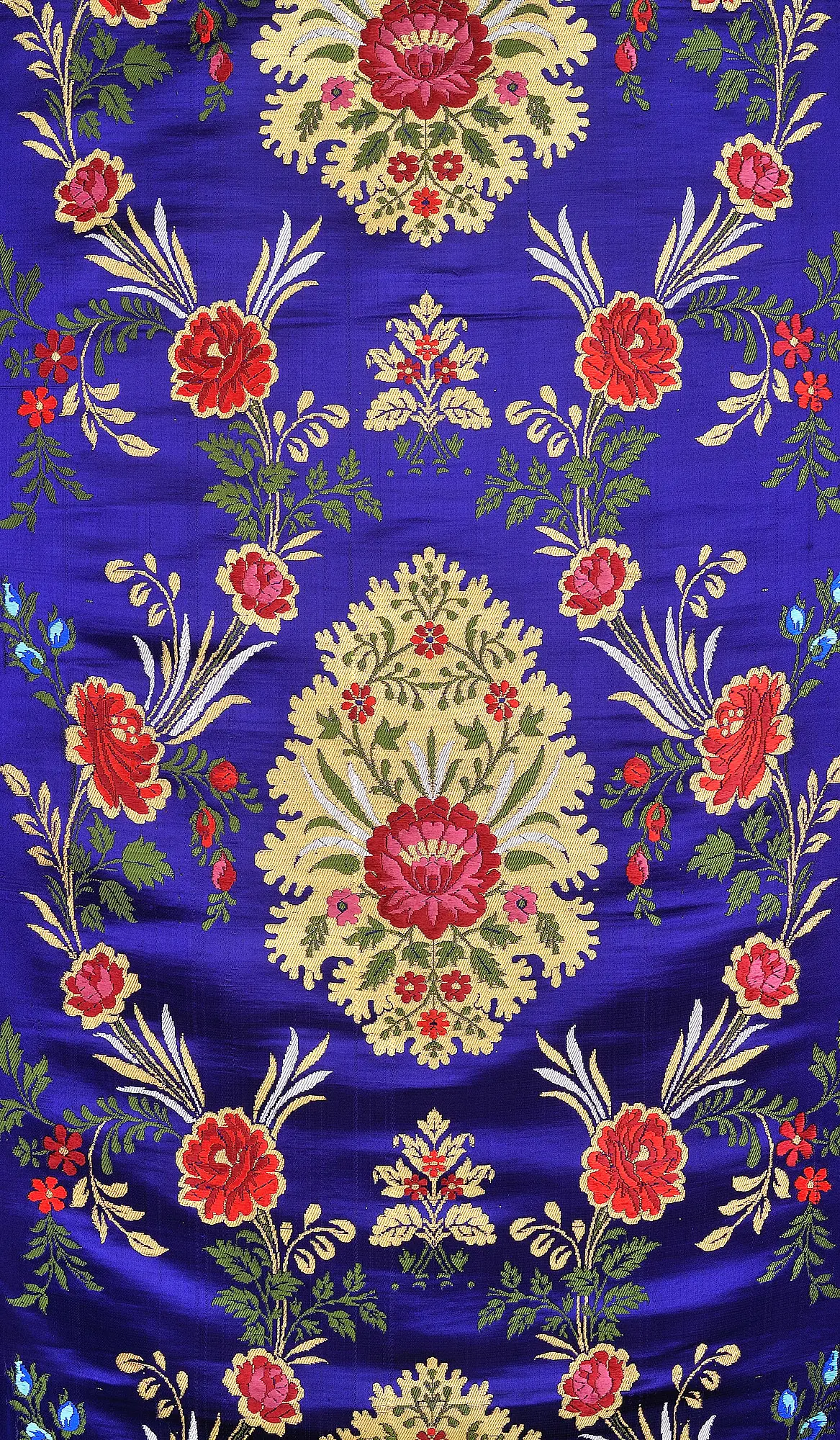 Royal-Blue Brocade Fabric from Banaras with Hand-woven Roses