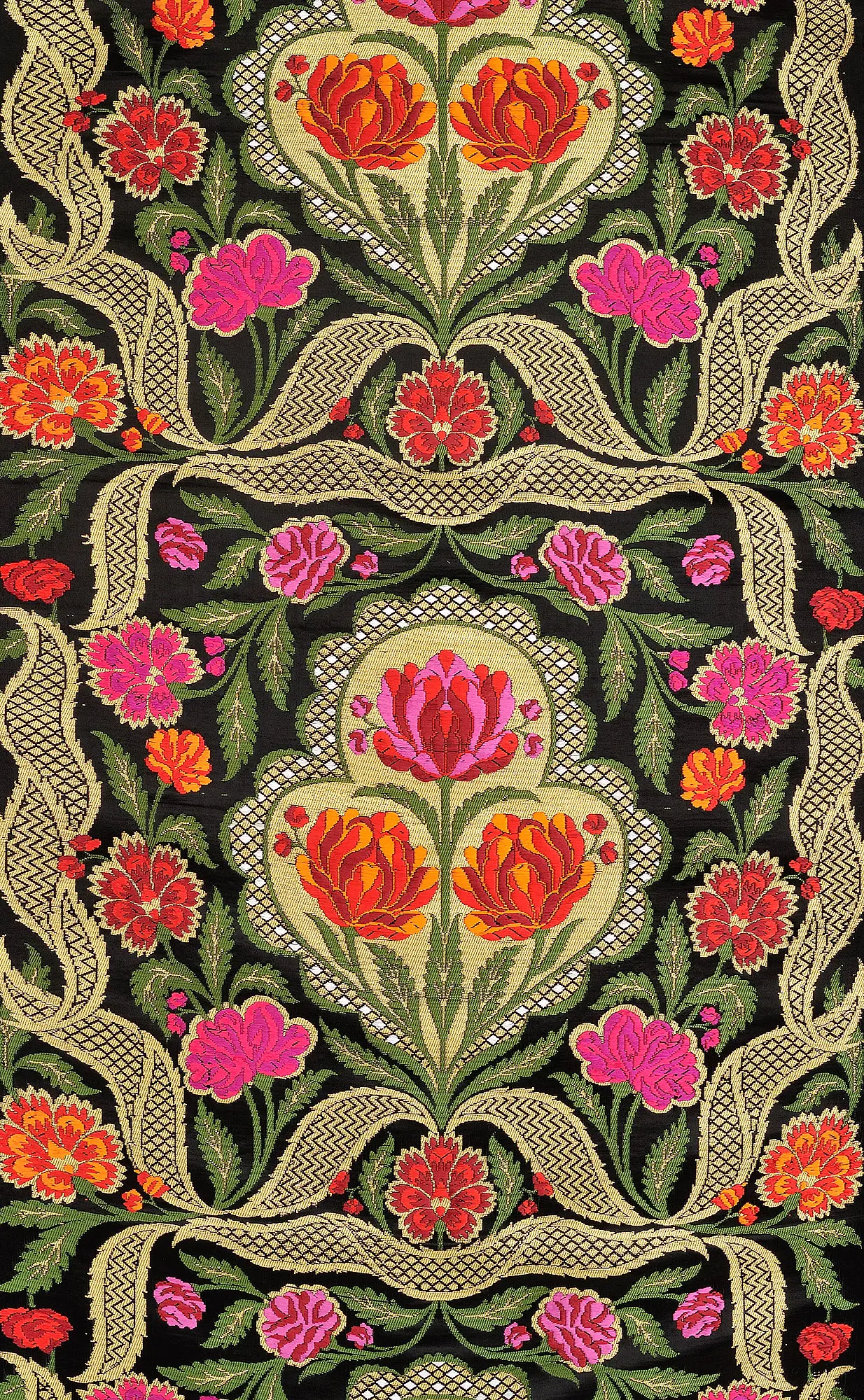 Jet-Black Brocade Fabric from Banaras with Hand-woven Lotuses