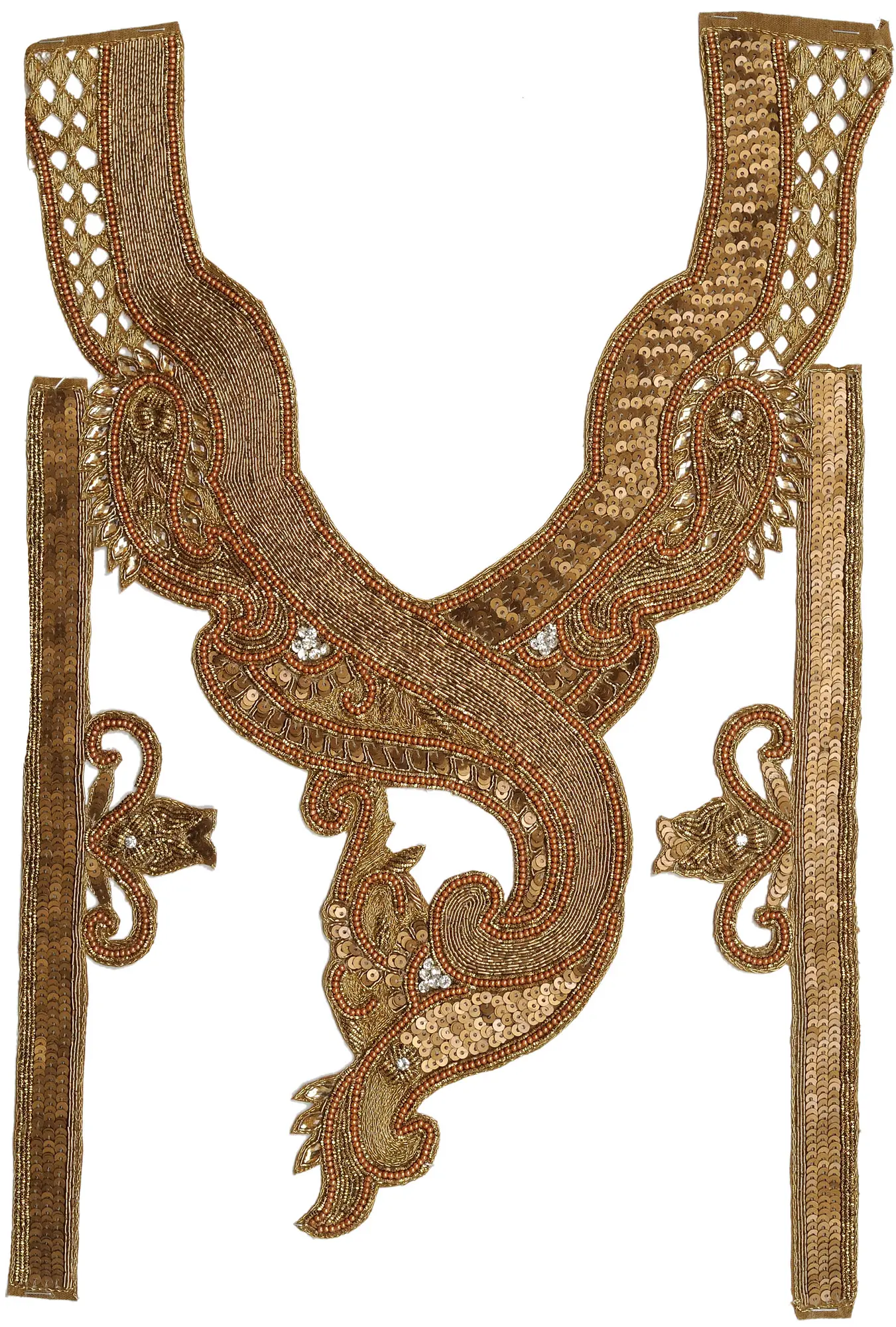 Designer Zardozi Golden Paisleys Neck and Sleeves Patch with Sequins