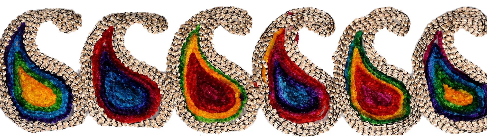 Multicolor Embroidered Paisleys Fabric Border with Velvet Thread-work