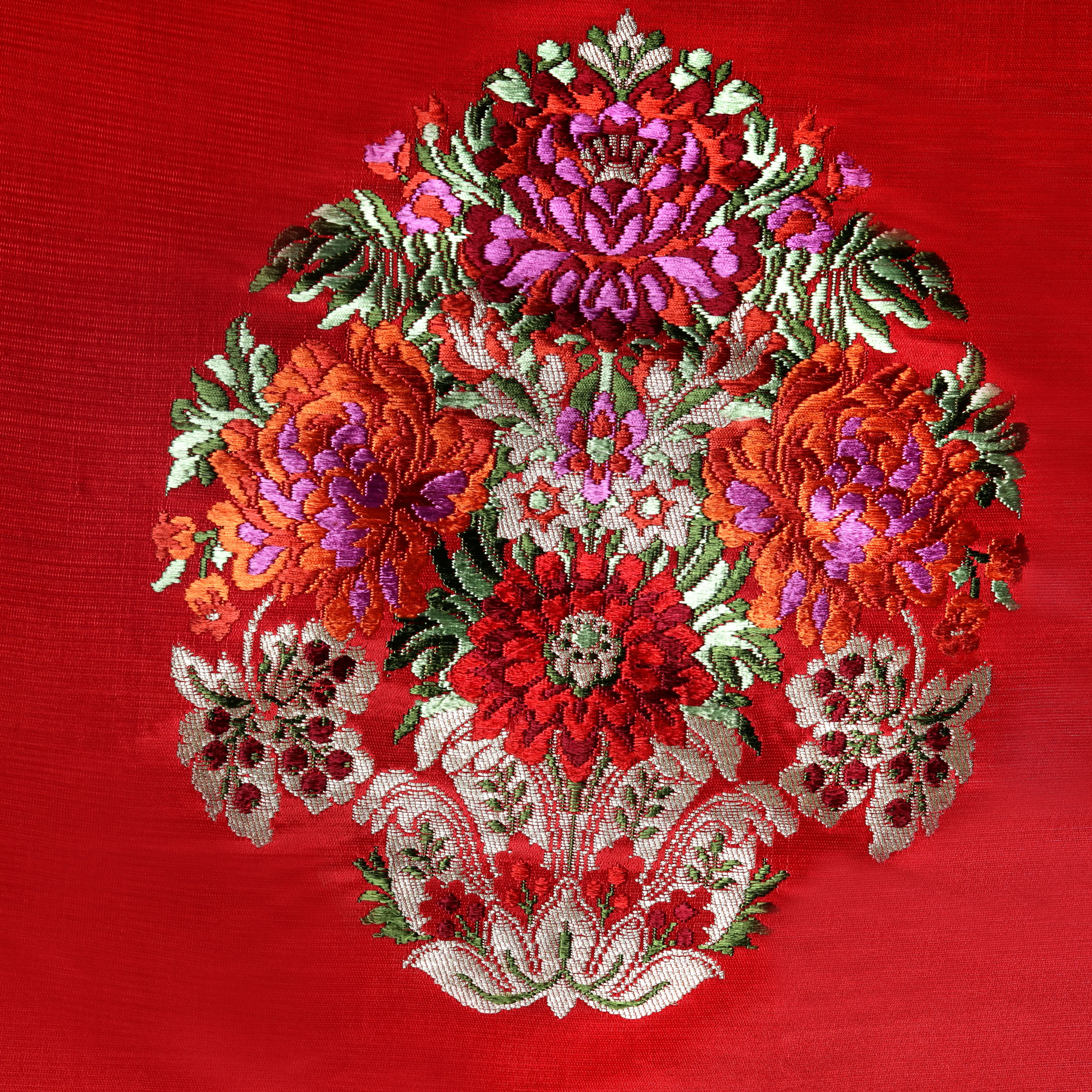 Poppy-Red Brocade Patch from Banaras with Hand-Woven Flowers
