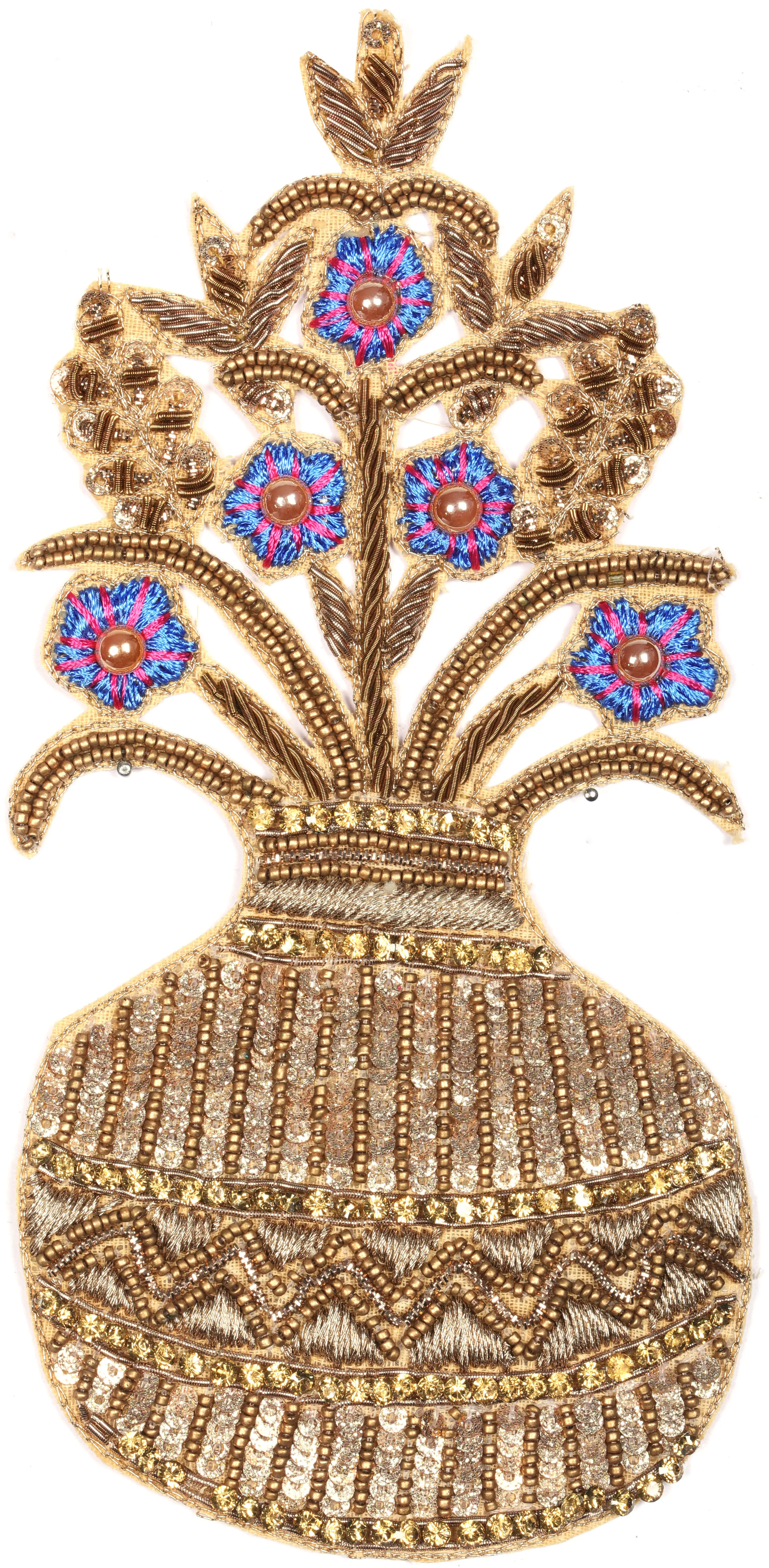 Zari-Embroidered Flower Pot Patch with Sequins and Beads