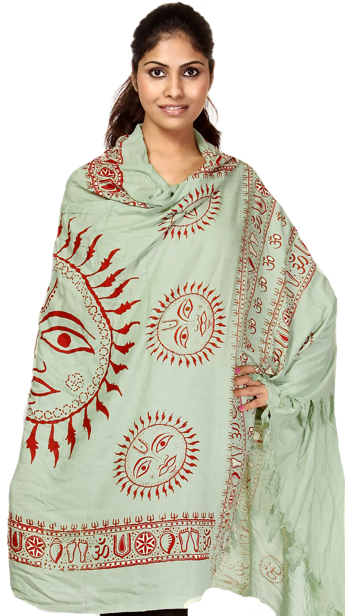 Green Sanatana Dharma Prayer Shawl with Large Printed Surya (Sun) God