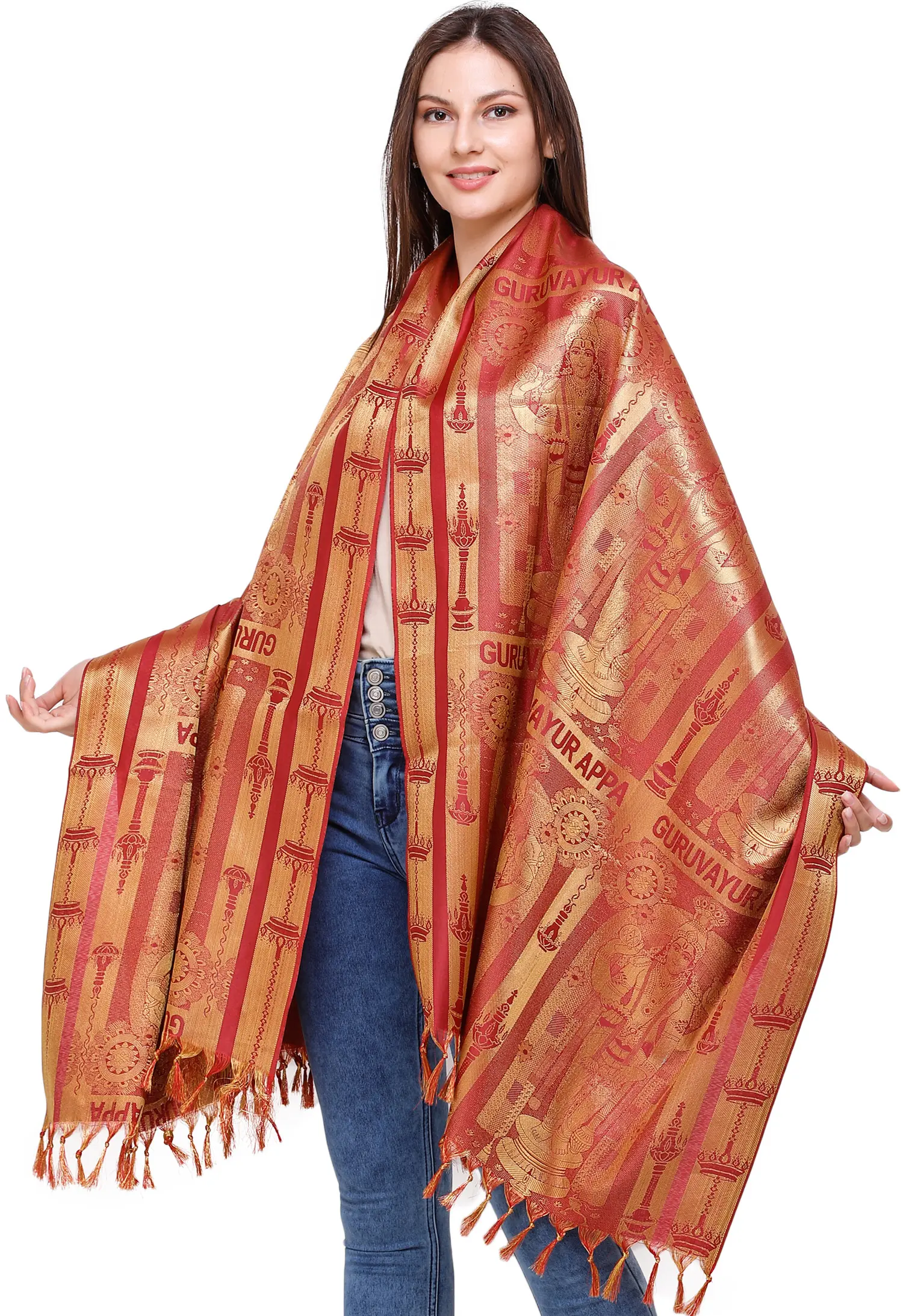 Brocaded Guruvayur Appa Prayer Shawl from Tamil Nadu, alternate view