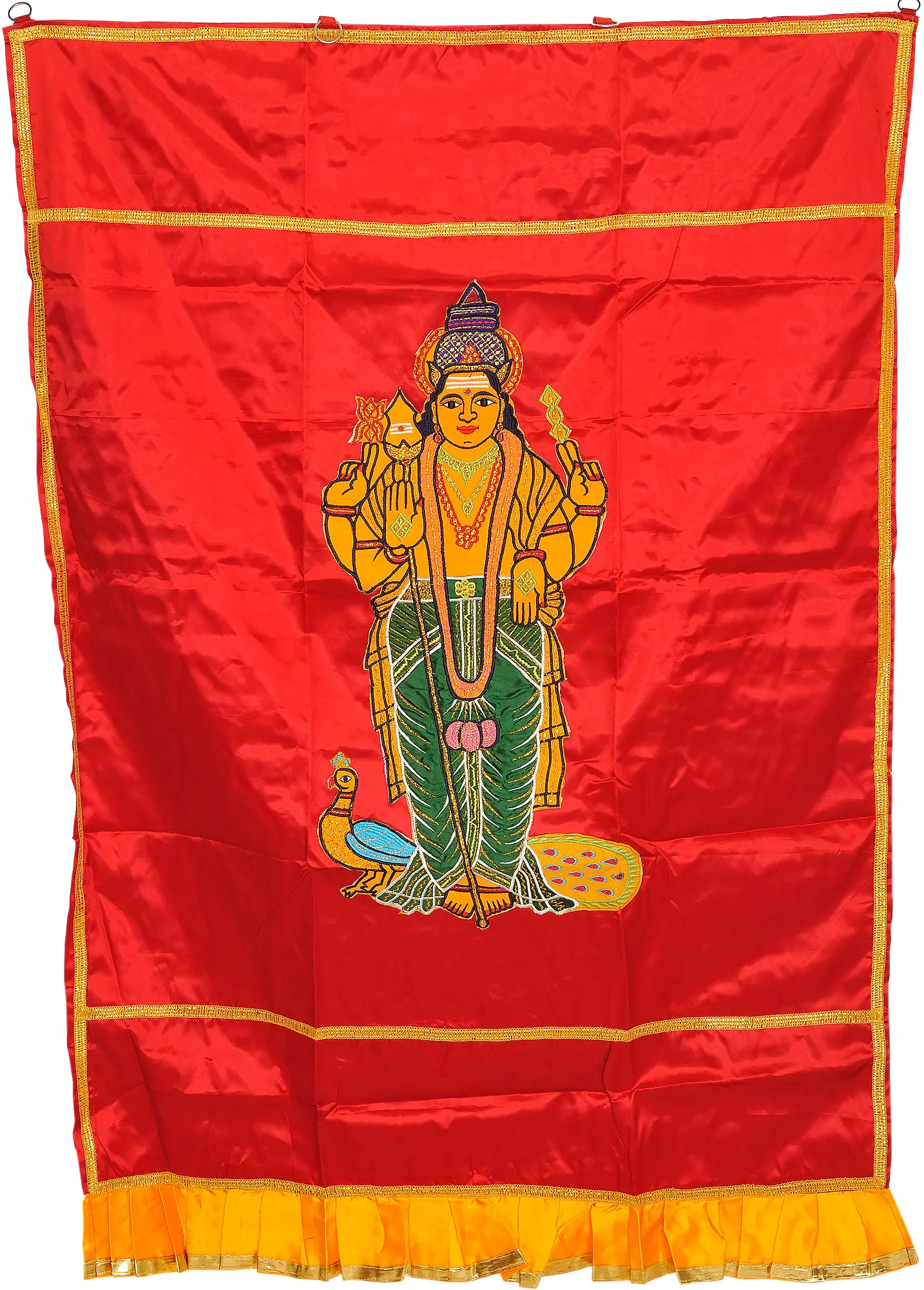 Auspicious Temple Curtain with Embroidered Kumara Karttikeya and Peacock Applique