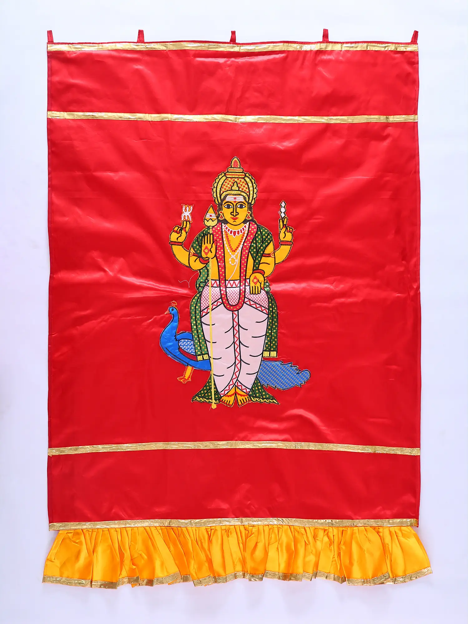 Auspicious Temple Curtain with Embroidered Kumara Karttikeya and Peacock Applique, alternate view
