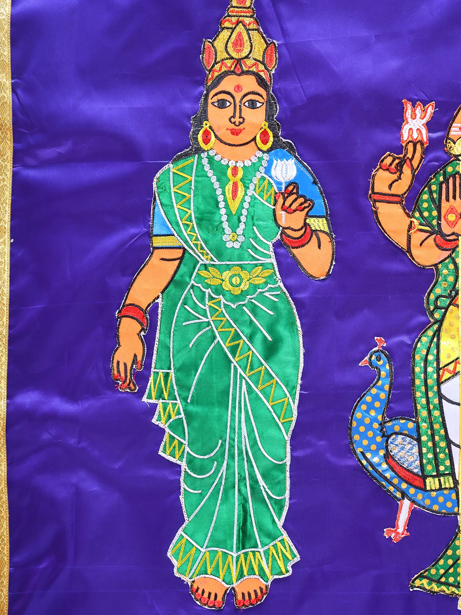 Karttikeya with Shakti Auspicious Temple Curtain with Applique work, alternate view