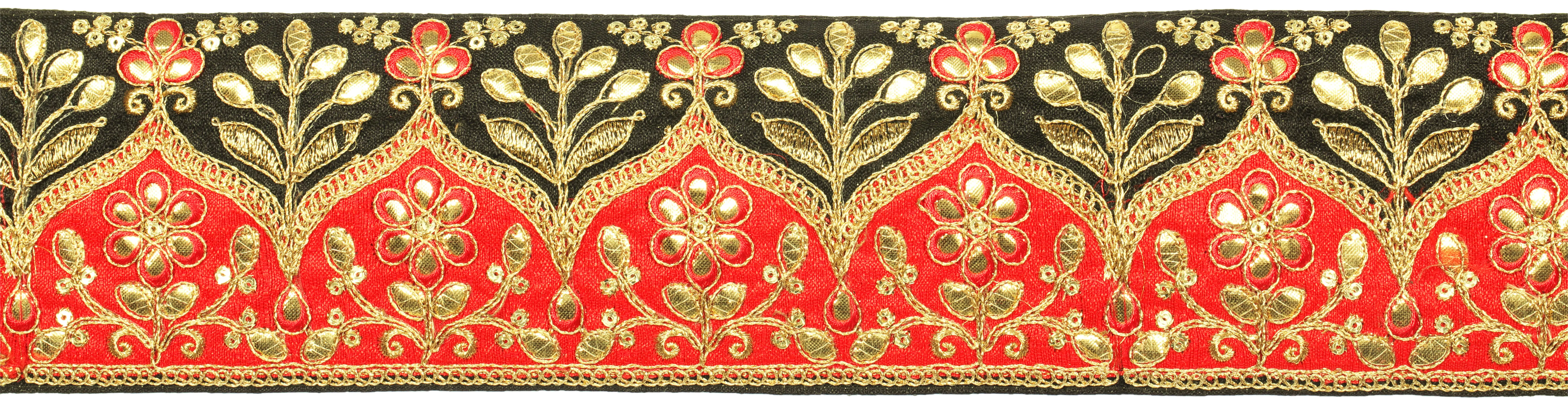 Bittersweet and Black Fabric Border with Embroidered Florals and Sequins