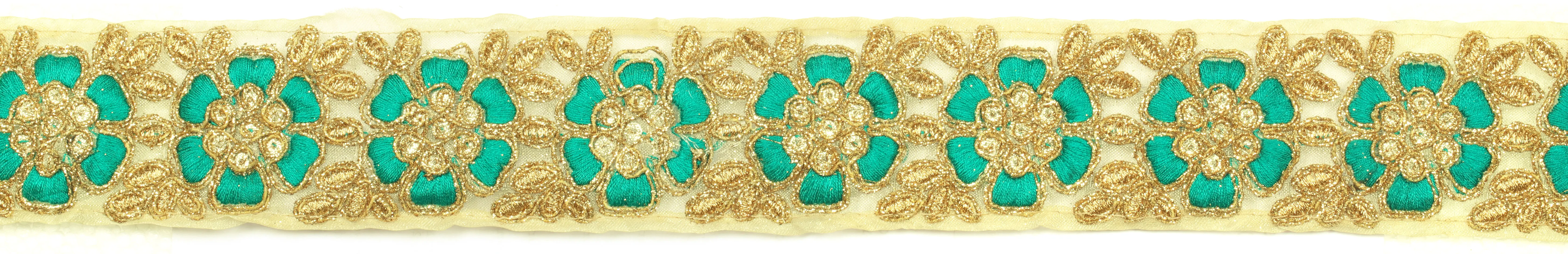 Beige Zari-Embroidered Fabric Border with Green Flowers