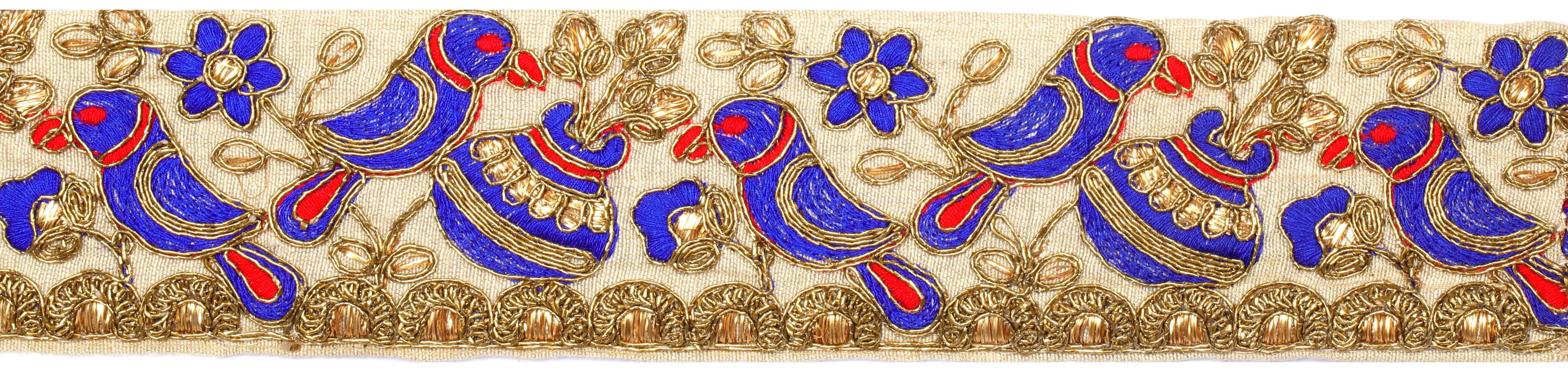 Bleached-Sand Fabric Border with Embroidered Birds and Pots