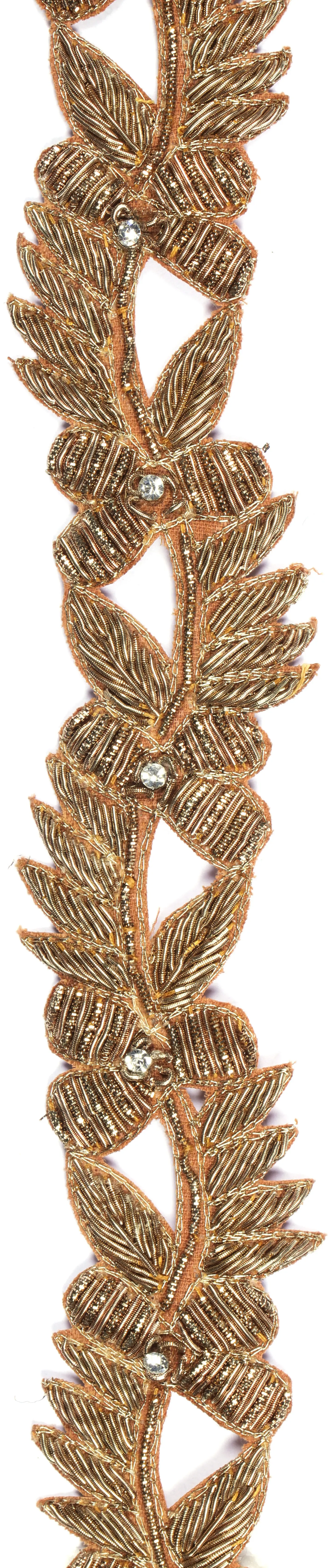 Golden Flower Vine Zardosi Border with Crystals