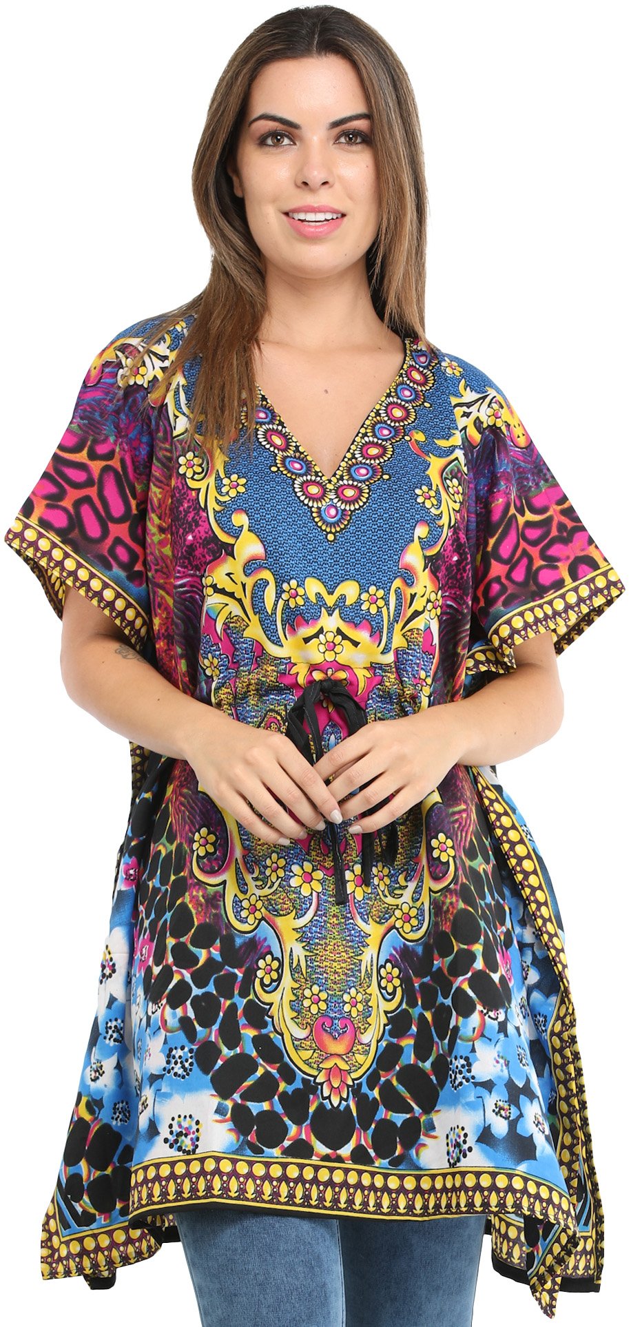 Short Kaftan with Printed Florals All-Over and Dori at Waist | Exotic ...