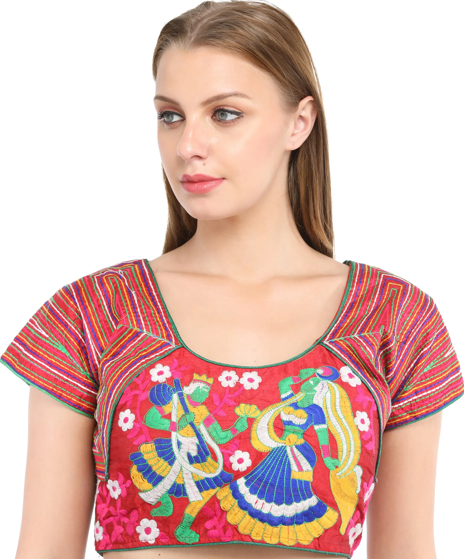 Tomato-Red Choli from Gujarat with Embroidered Radha Krishna in Multicolored Thread