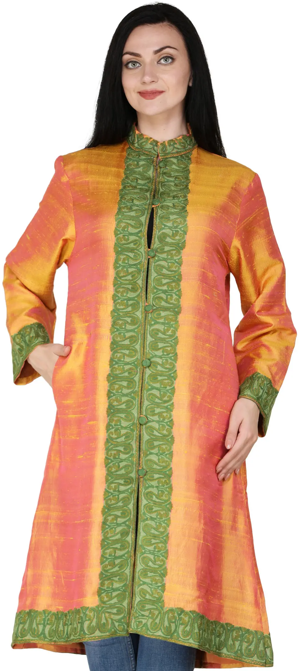 Dark-Cheddar Long Jacket from Kashmir with Aari-Embroidered Paiselys in Green Thread
