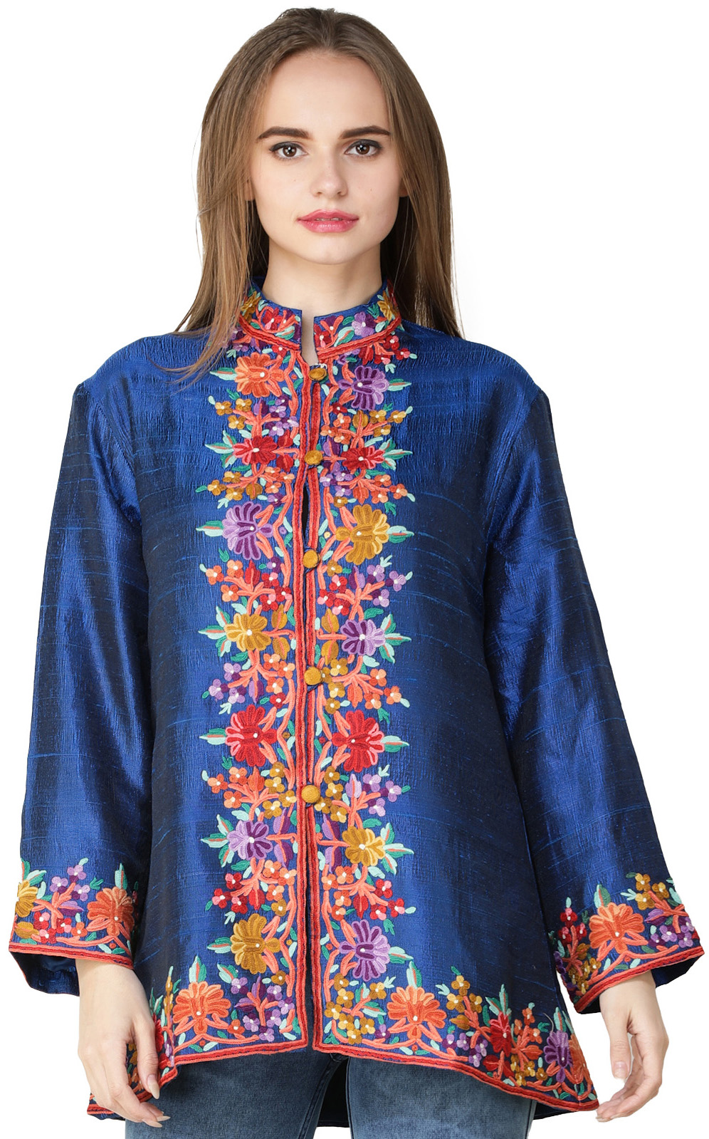 True-Blue Jacket from Kashmir with Florals Embroidered By Hand on Neck ...