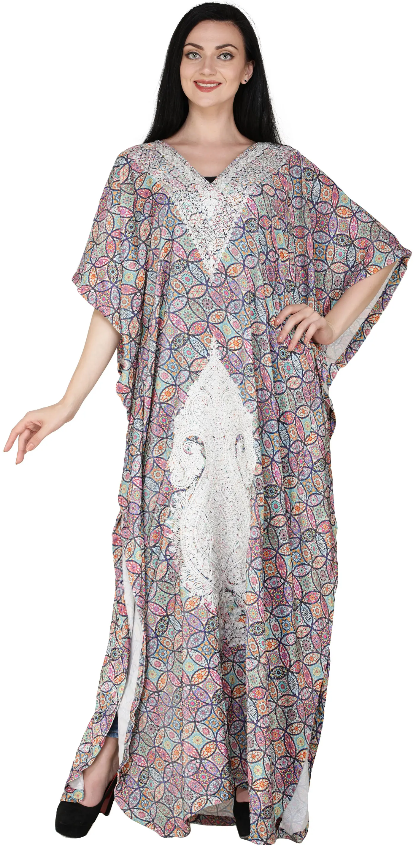 Multicolor Long Printed Kaftan with Zari Embroidered Florals and Paisleys