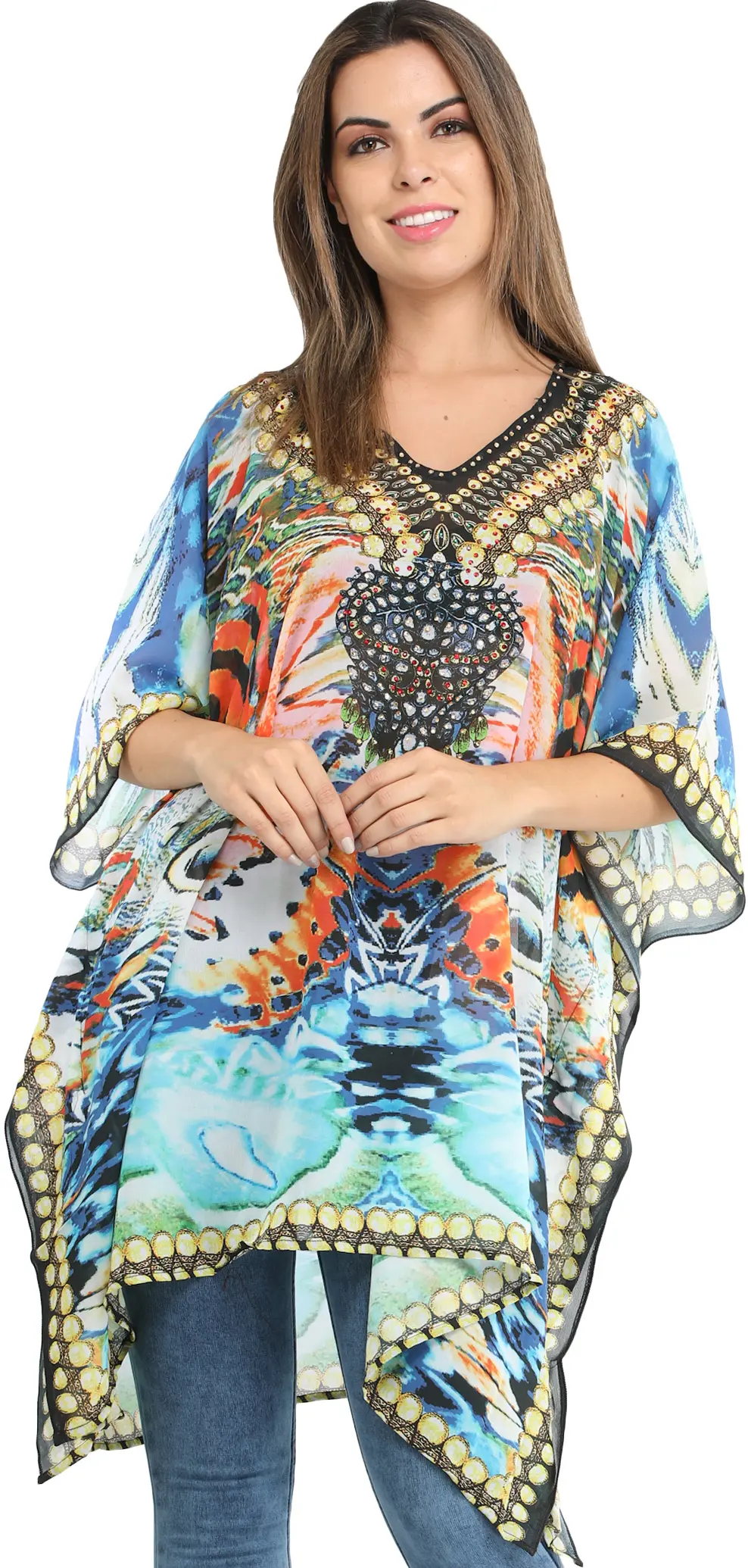 Multicolor Floral Printed Short Kaftan with Crystals and Dori at Waist