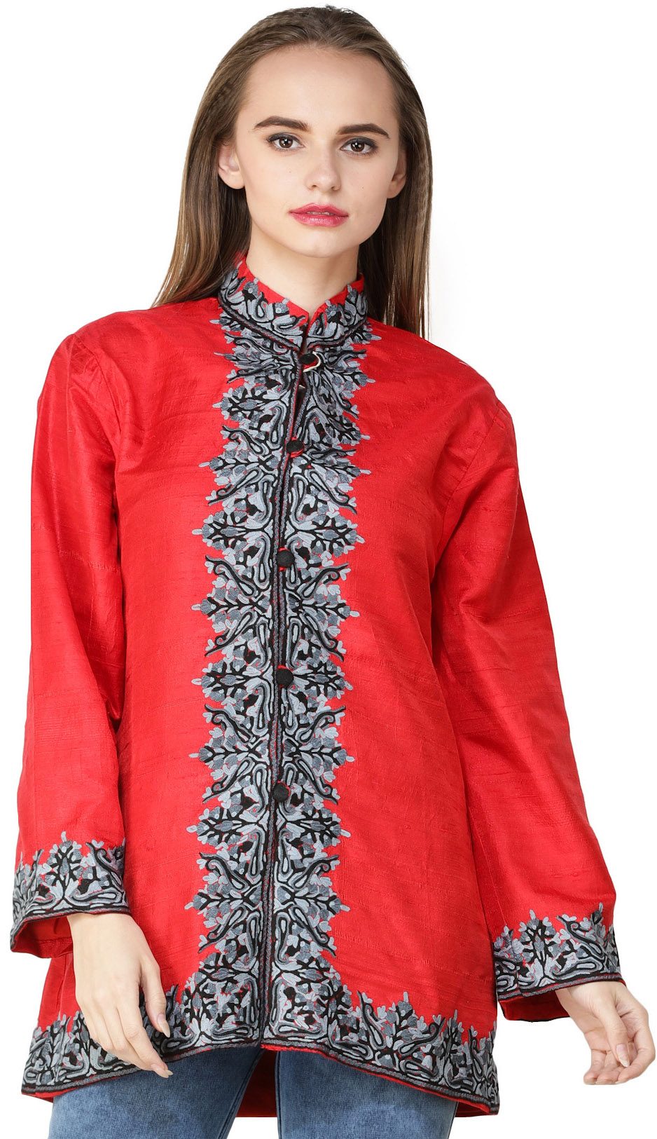 Bittersweet-red Jacket from Kashmir with Flowers Embroidered on Neck ...
