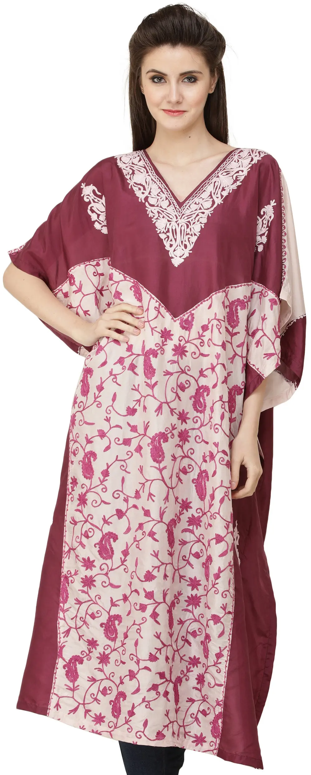 Hawthorn-Rose Double-Shaded Short Kaftan from Kashmir with Aari Embroidery