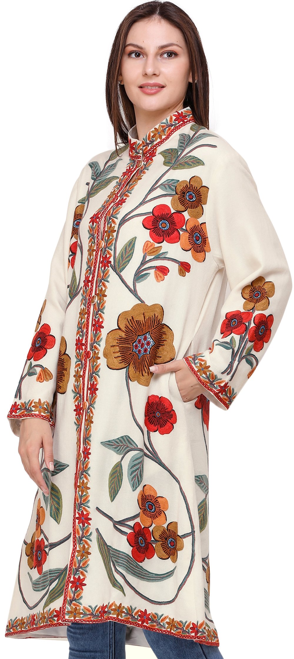 Cream Long Jacket from Kashmir with Hand-Embroidered Giant Flowers ...