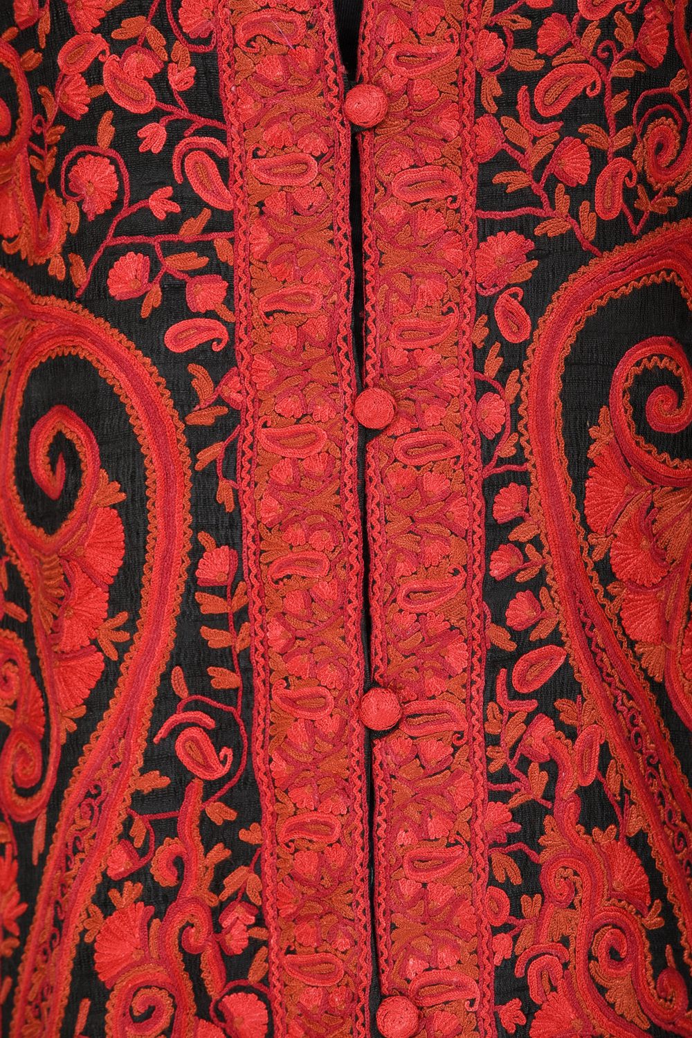 Black and Red Kashmiri Long Jacket with All-Over Hand-Embroidered ...