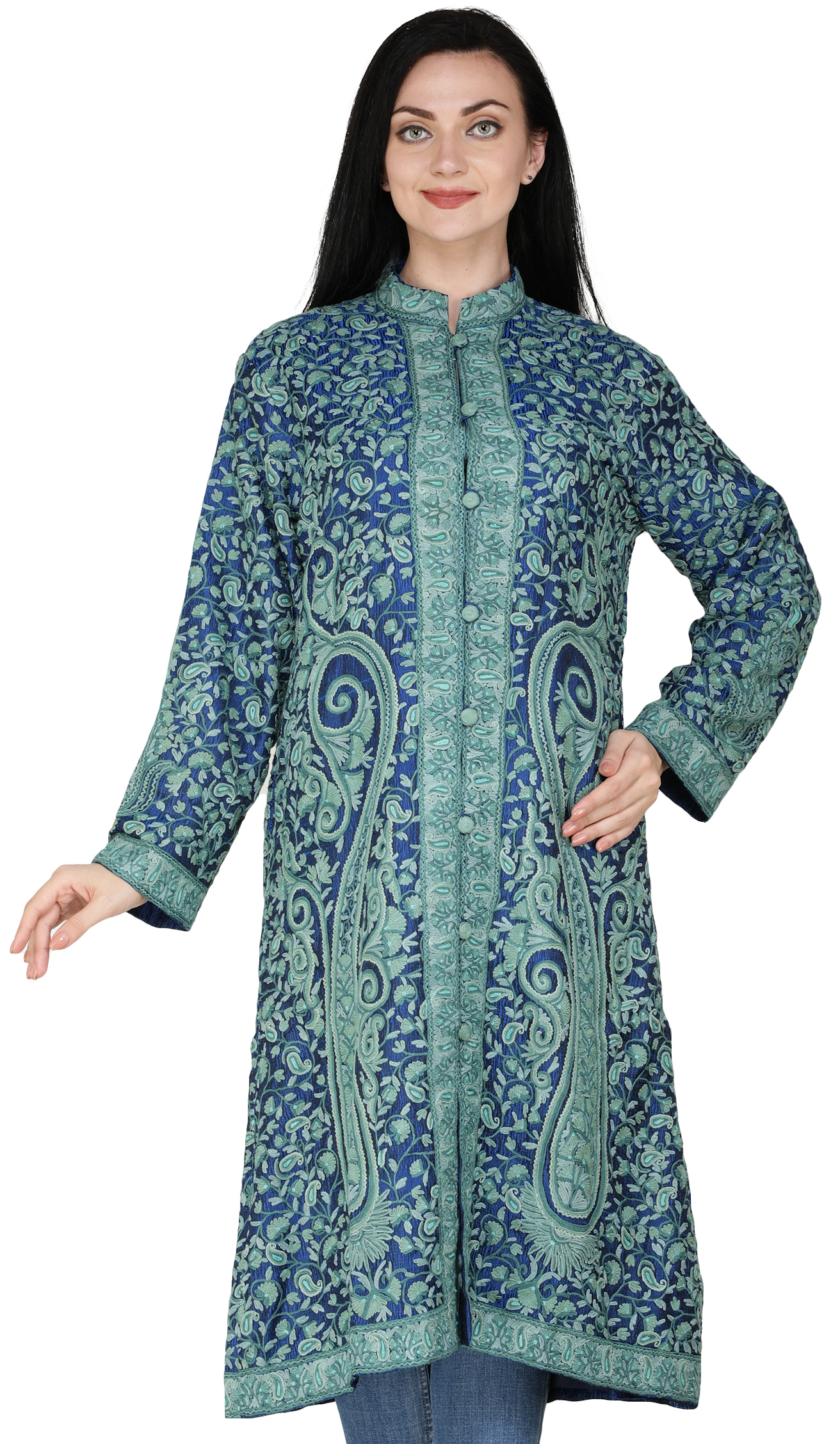 Buy Zamour Women's Kashmiri Silk Coat Jacket Crewel Hand Embroidered Chinar  Work at Amazon.in