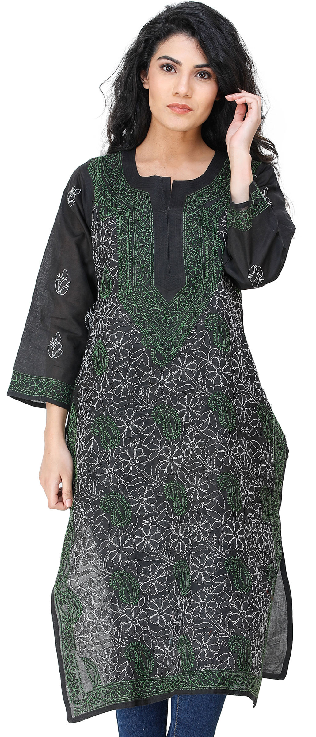 Women Chikan Embroidery Georgette A-line Kurta (Black) – Fiza Fashions