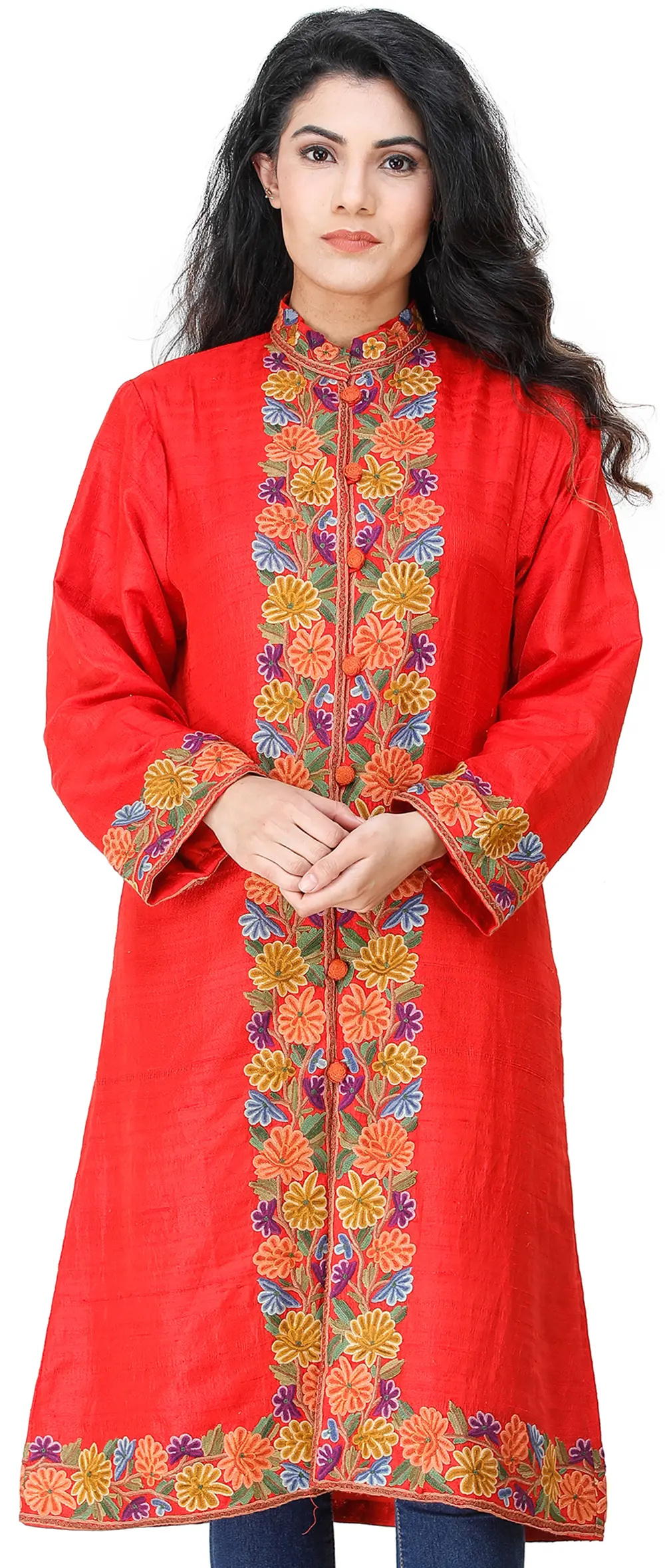 Flame-Scarlet Long Jacket from Kashmir with Aari Hand Embroidery
