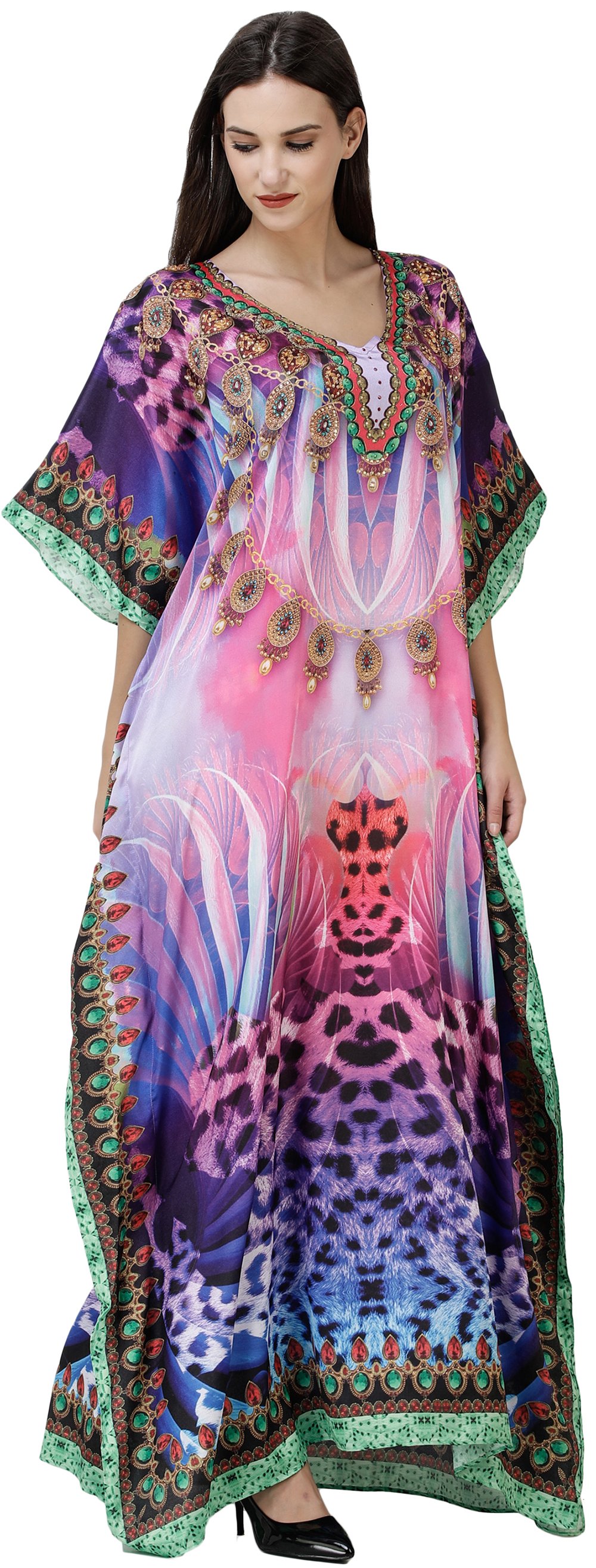 Radiant Orchid Long Printed Kaftan Embellished with Multicolor Crystals ...
