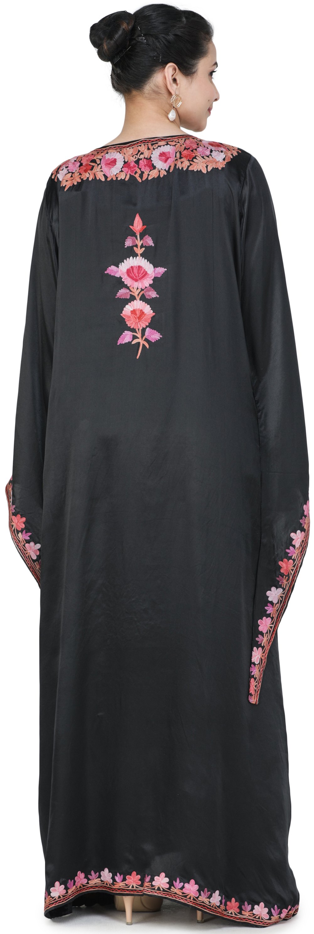 Caviar-Black Long Kashmiri popular Kaftan with Zari-Embroidered Paisleys All-Over