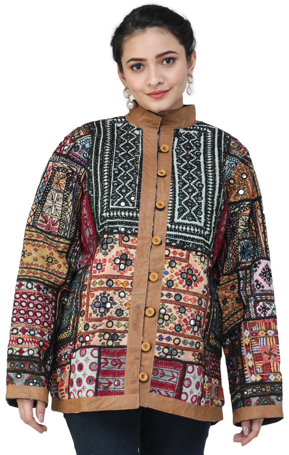 Multicolored Jacket from Kutch with Hand-Embroidered Patchworks and Leather  Trims | Exotic India Art