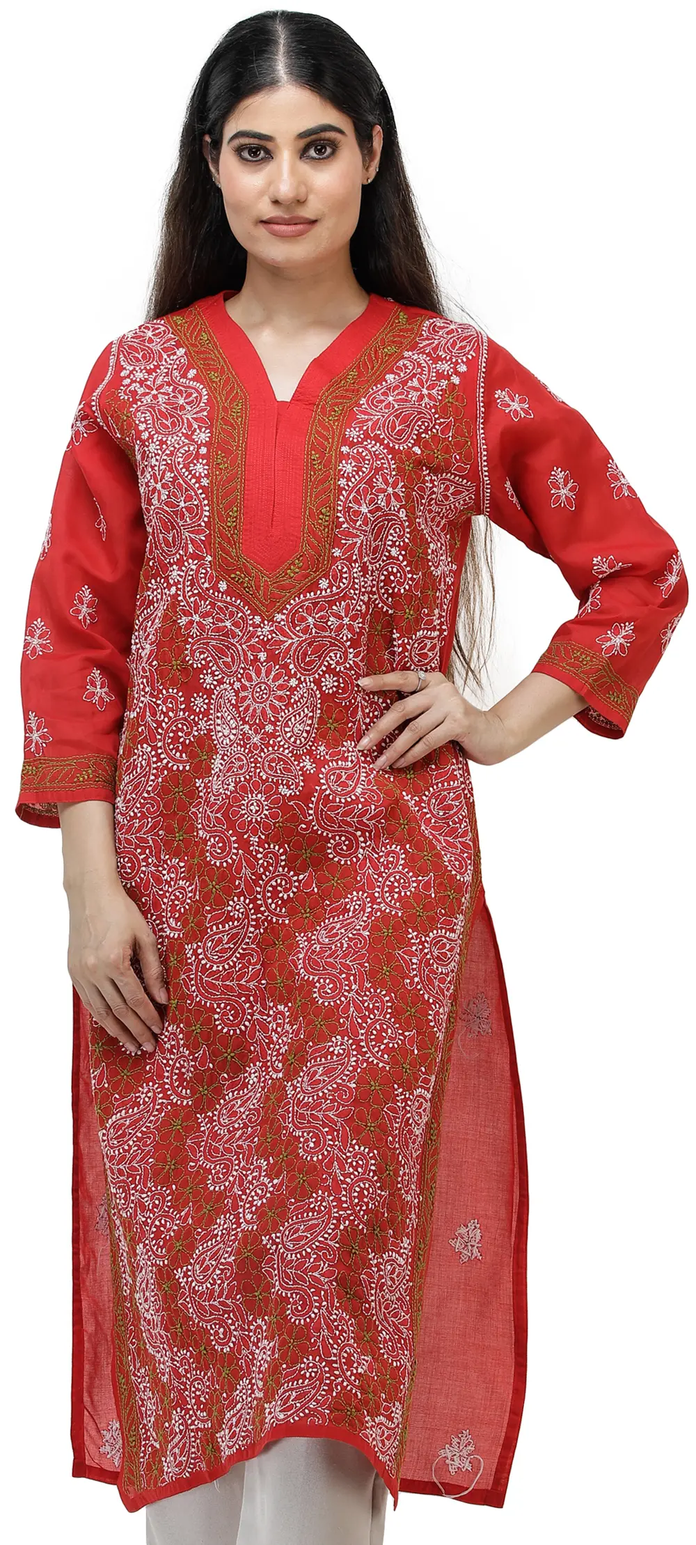 Salsa-Red Long Kurta Top/Kameez from Lucknow with Chikan Embroidery