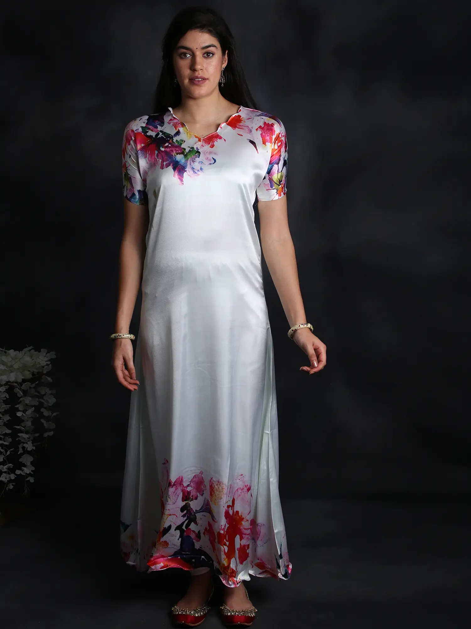 Double-Cream Digital-Printed Long Gown from Kashmir with Giant Flower