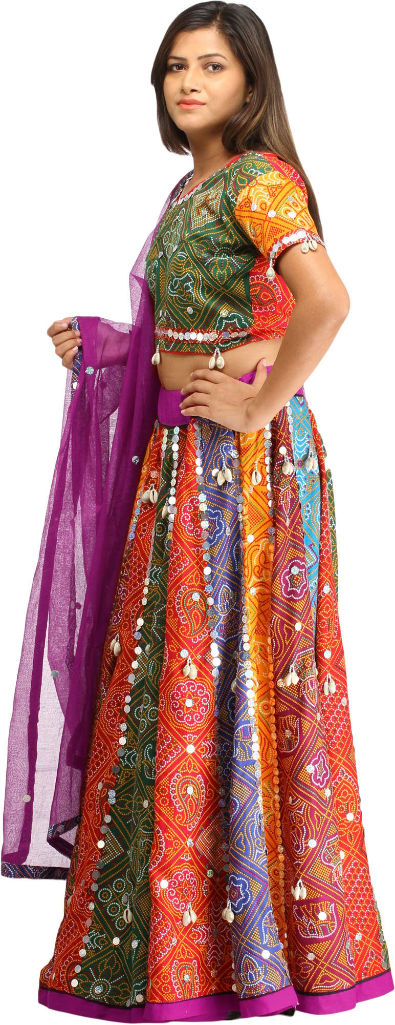 Multi Colored Ghagra Choli From Rajasthan With Chunri Print And Hanging Cowries Exotic India Art