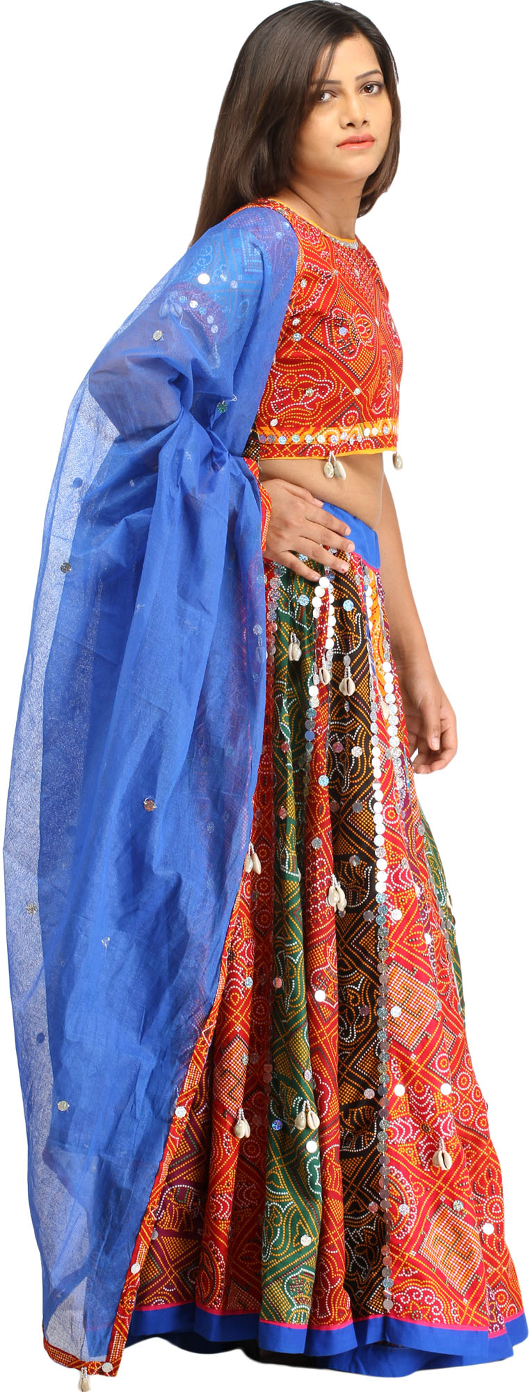 Multi-Color Ghagra Choli from Rajasthan with Chunri Print and Dangling ...