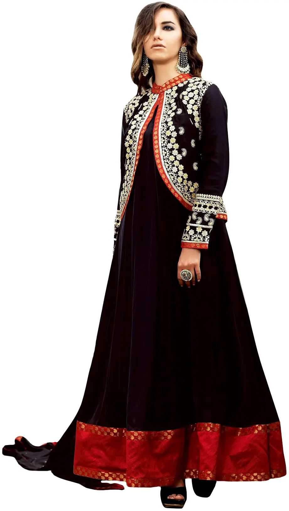 Phantom-Black Plain Anarkali Suit with Floral-Embroidered Bolero Jacket