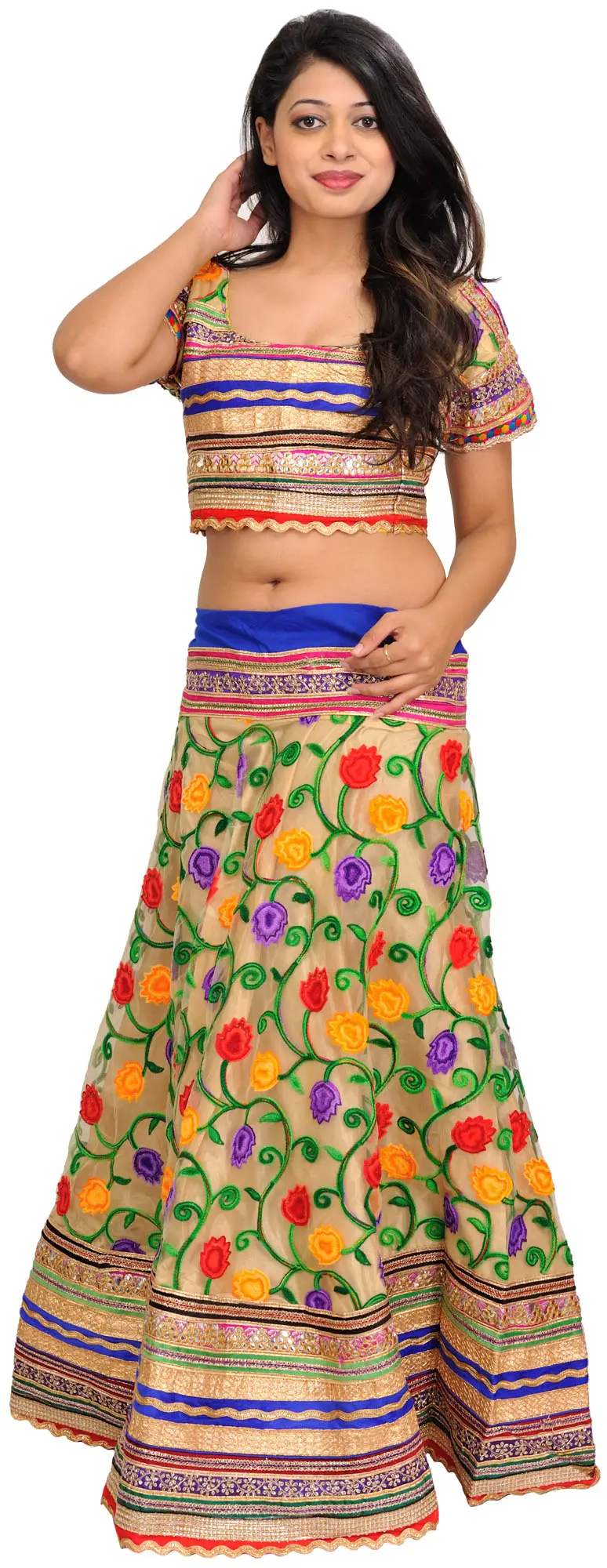 Frosted-Almond Two-Piece Lehenga Choli with Aari-Embroidered Flowers and Gota Patch Border