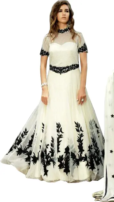 White and Black Designer Gown with Floral-Embroidery and Beads