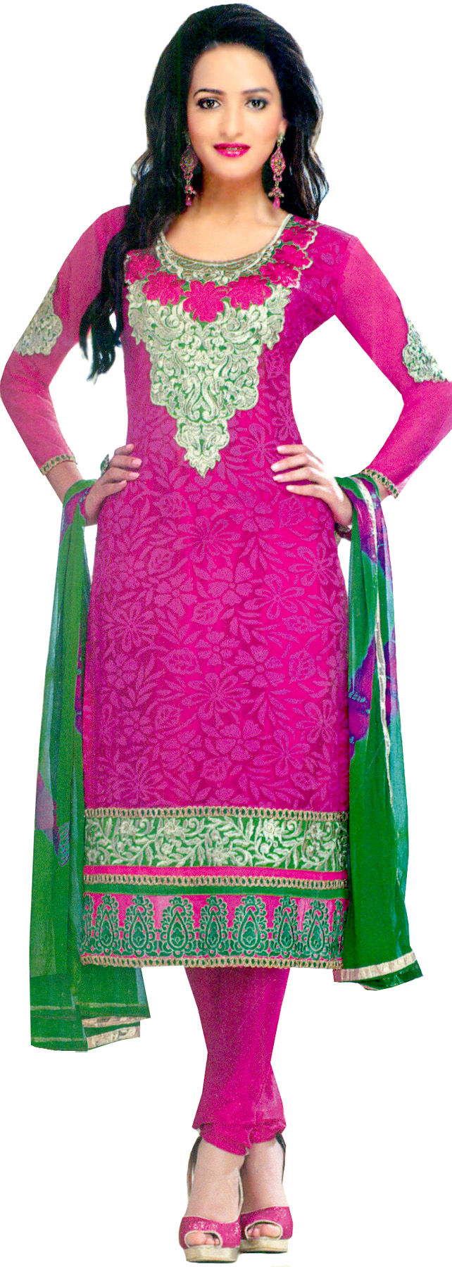 Raspberry-Rose Chudidar Kameez Suit with Floral Weave in Self and ...
