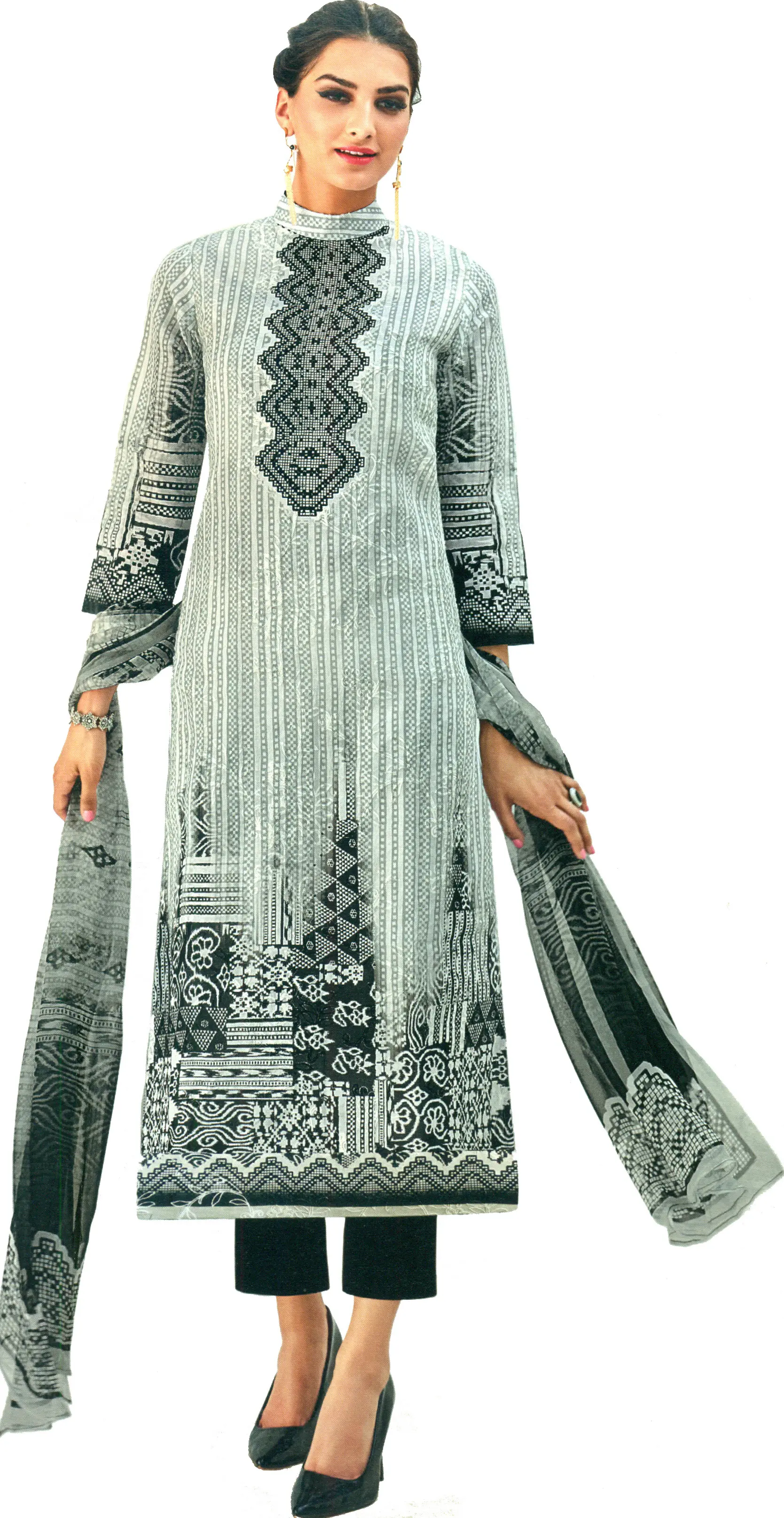 Gray and Black Trouser Salwar Kameez Suit with Digital Print and Embroidered Flowers