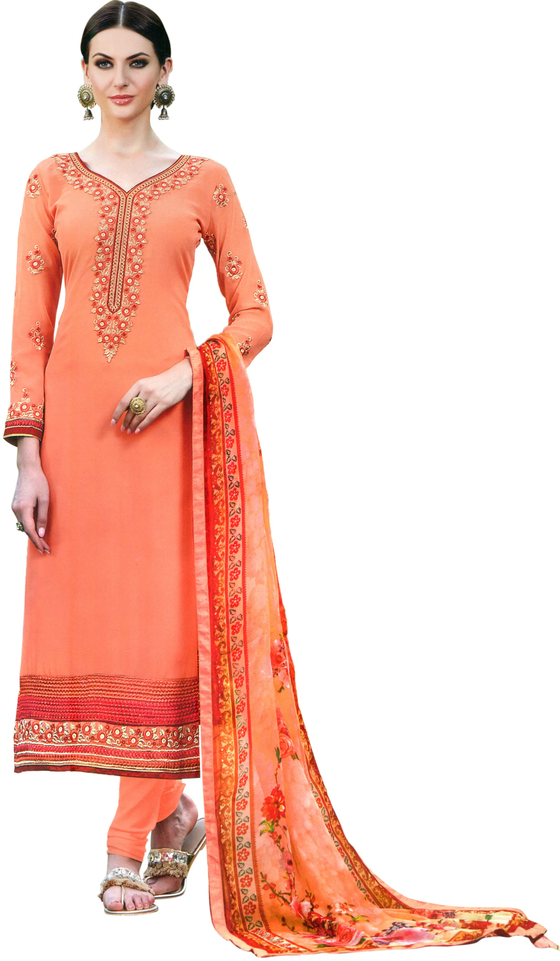 Papaya-Punch Long Choodidaar Salwar Kameez Suit with Aari Embroidery and Chiffon Dupatta