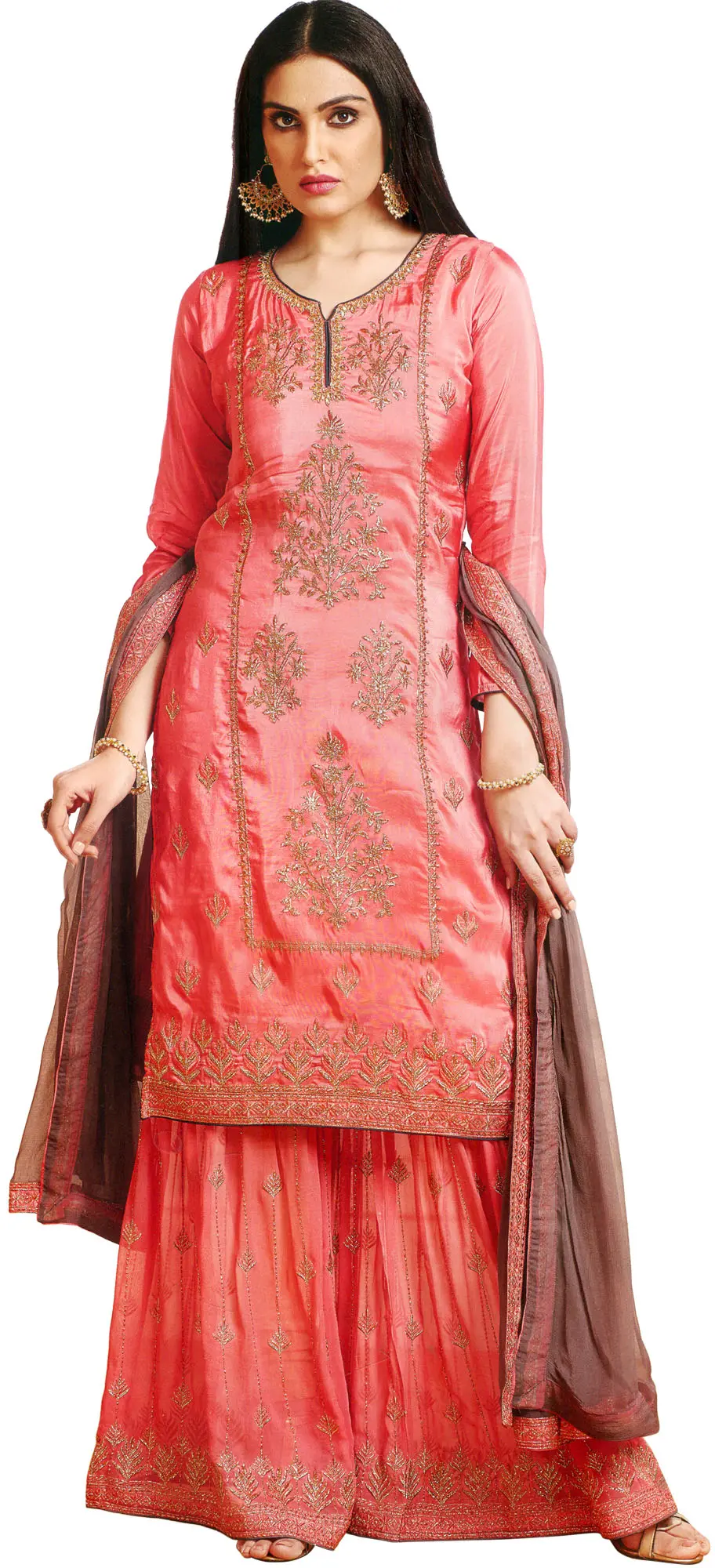 Tera-Cotta Pakistani Salwar Kameez Suit with Zari-Embroidery and Crystals