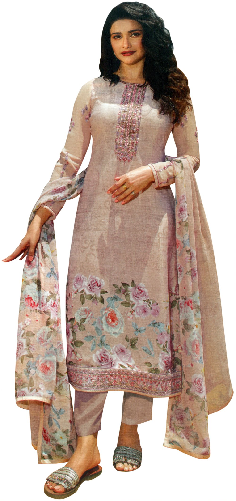 Mauve-Chalk Floral Printed Salwar-Kameez Suit with Embroidery on Neck ...