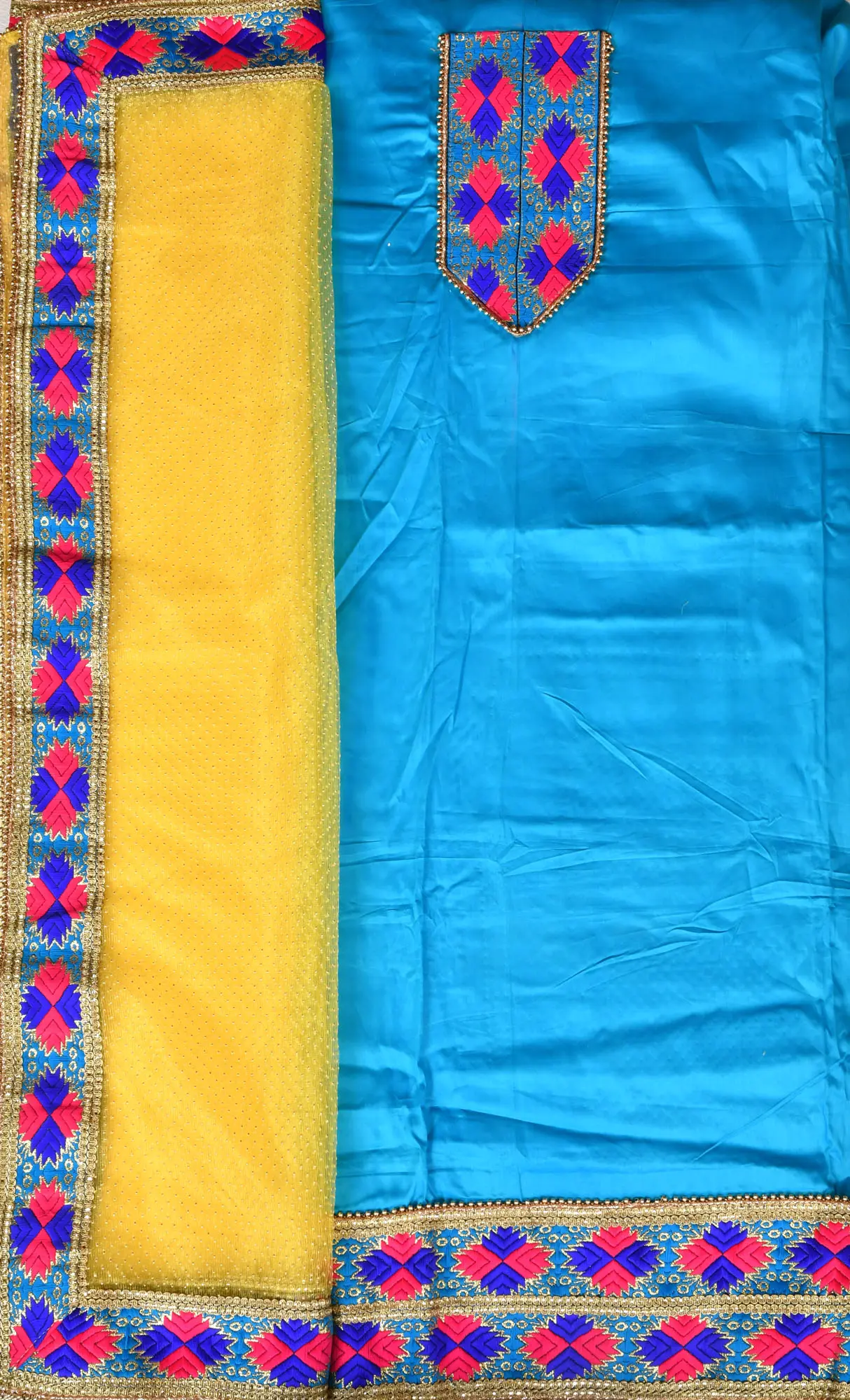 Cyan-Blue and Yellow Phulkari Salwar Kameez Fabric from Punjab with Embroidered Patches and Net Dupatta