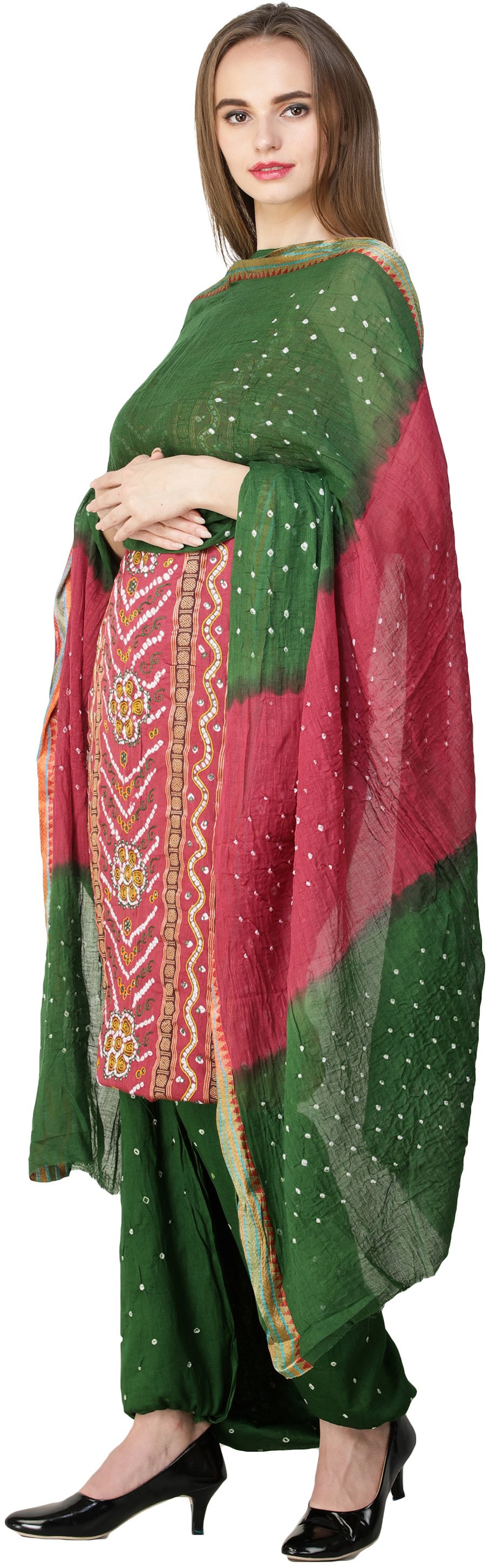 Bandhani Tie Dyed Salwar Kameez Fabric With Floral Embroidery And